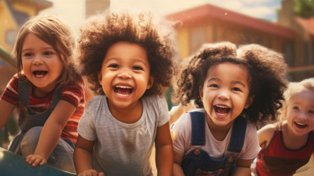 Happy kids of different nationalities play at playground. Concept of childhood joy, outdoor activities, friendship, happiness, summertime, and diverse youth.の素材