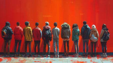 Colorful illustration of crowd from behind, facing bright red wall. Symbolizing collective waiting. Concept of unity in diversity, social gathering, anonymity in the crowd, public spaces. Copy spaceの素材