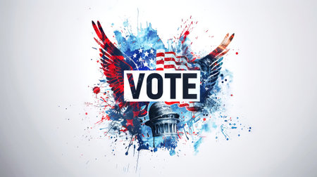 Artistic splash of red and blue with wings and the word VOTE. Concept of American patriotism, elections. freedom of expression, political activism, and democracy. Isolated on white background.の素材