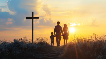 Family walking towards a cross at sunset. Silhouettes of a family and cross against a setting sun. Concept of family faith, Easter, hope, togetherness, unity in belief, and Christian values.の素材