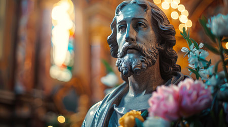 Statue of Jesus Christ in church setting. A divine figure. Concept of resurrection, hope, sacred presence, faith, spirituality, Easter, divinity, Christian beliefs, resurrection religiousの素材