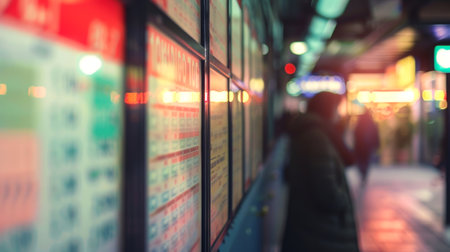 Blurry view of people walking past a brightly lit stock market display board. Urban financial district concept. Concept of economic activity, investment tracking, and urban finance lifestyle.の素材