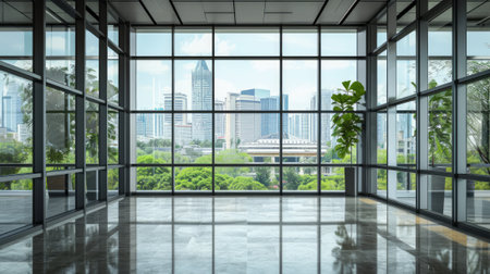 Modern empty business hall with panoramic windows and urban background. Concept of contemporary architecture, corporate spaces, business environments.の素材