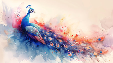 Watercolor illustration of peacock with bright feathers. Concept of wildlife beauty, ornithology, bird watching, exotic fauna. Light background. Aquarelle splashes. Vibrant colorful bird. Artworkの素材