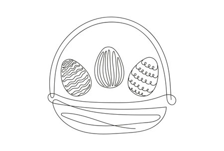 Wicker basket with Easter eggs. Continuous one line drawing. Black vector illustration isolated on white background. Festive decoration. For Easter promotions, greeting cards, holiday invitationsのイラスト素材