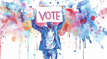 Watercolor illustration of man holding VOTE sign. Male voter. Concept of elections, voting, politics, personal empowerment, citizen rights, political advocacy. Aquarelle splashesの素材