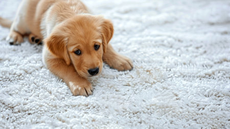 Puppy with a tender gaze on a plush carpet. Soft-textured golden pup in a domestic setting. Cute dog on the rug. Concept of animal warmth, pet rearing, and gentle companionship. Copy spaceの素材