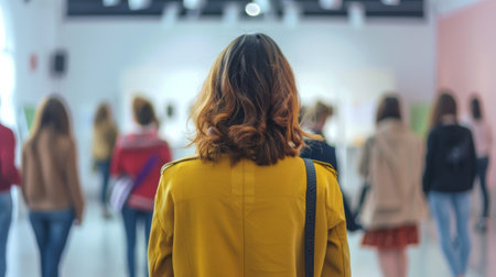 Caucasian woman at a polling station. Female voter preparing to cast her vote. Citizen awaiting turn. Concept of elections, civic duty, democratic process, voting rights. Back viewの素材