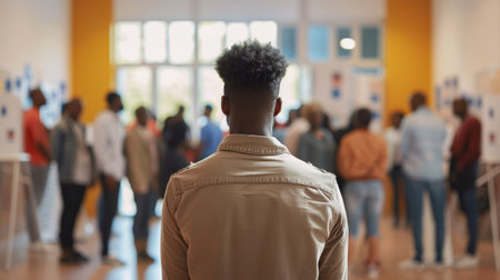 African American man at poling station. Black Male voter preparing to cast his vote. Citizen awaiting turn at election polling place. Concept of elections, civic duty, democratic process. Back viewの素材