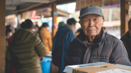 Asian elderly man at polling place. Senior Asian male voter preparing to cast his vote. Concept of elections, civic duty, democratic process, voting rights, diversity. Copy spaceの素材