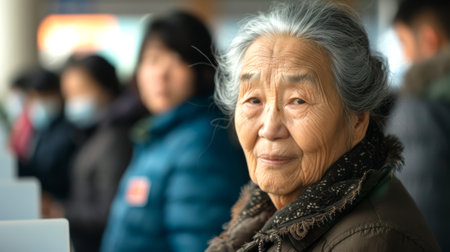 Asian elderly woman at polling place. Senior Asian female voter preparing to cast her vote. Concept of elections, civic duty, democratic process, voting rights, diversity. Copy space.の素材