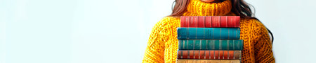 Woman in a yellow sweater with a stack of books. Concept of education, reading, knowledge, and library collection. White background. Wide Banner, copy spaceの素材