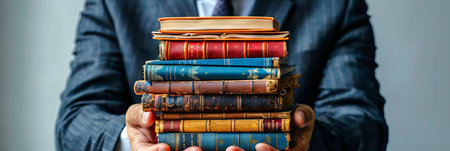Man holding a stack of books in his hands. Vintage books in male palms. Concept of education, reading, knowledge, and library collection. Bannerの素材