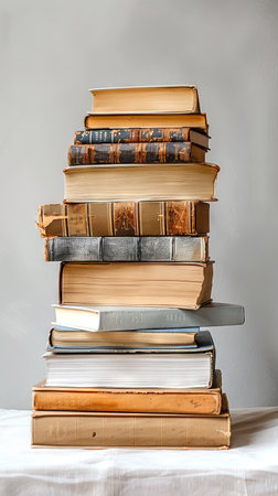 A towering stack of classic antique books. Aged hardcovers with weathered spines. Concept of historical literature, time-honored knowledge, and the enduring value of books. Verticalの素材