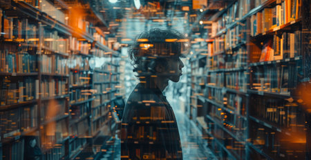 Silhouette of a young man with a library overlaid. Fusion of a person with rows of books. Concept of endless knowledge, wisdom acquisition, mental exploration, thought depth, and literary world.の素材
