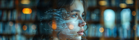 Silhouette of a young woman with a library overlaid. Fusion of a person with rows of books. Concept of endless knowledge, wisdom acquisition, mental exploration, thought depth, and literary world. Wide bannerの素材