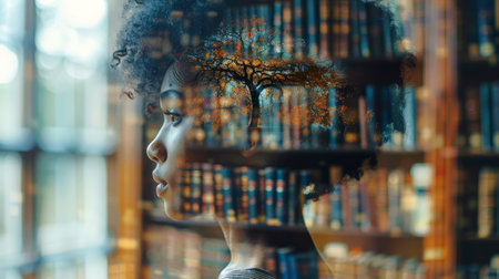 Silhouette of a African American woman with a library overlaid. Fusion of a black person with rows of books. Concept of endless knowledge, wisdom acquisition, mental exploration, and literary world.の素材
