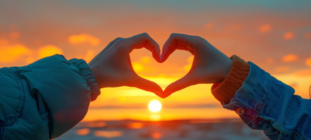 Two Hands forming heart shape against sunset. Symbol of love. Concept of togetherness, affection, romantic gestures, love signs, warm emotions. Perfect for posters, romantic and inspirational content.の素材