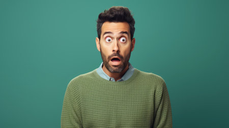 Man with shocked expression, wide eyes. open mouth. Green background. Concept of astonishment, surprise reaction, unexpected events, and unexpected news. Wide bannerの素材