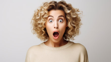 Excited woman with a shocked expression, wide eyes, open mouth. Light background. Concept of surprise announcement, unexpected news, joyful reaction, promotional content. Banner.の素材