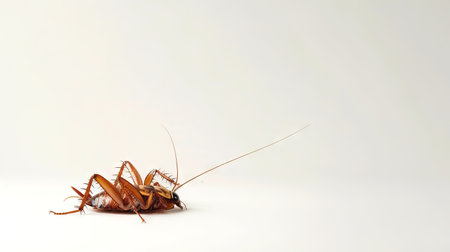 Dead cockroach on its back on white backdrop. Pest insect. Perfect for pest control service ads, hygiene educational content, product labels for insecticides. Banner. Copy spaceの素材