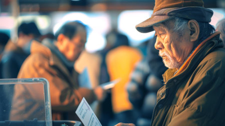 Asian elderly man at polling station. Senior Asian male voter preparing to cast his vote. Concept of elections, civic duty, democratic process, voting rights, diversity. Copy spaceの素材