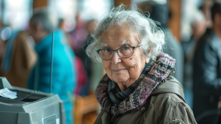 Smiling Caucasian elderly woman at voting station. Senior female voter preparing to cast her vote. Concept of elections, civic duty, democratic process, voting rights, diversity. Copy space.の素材