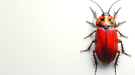 Colorful red cockroach depicted on a plain white background. Vibrant pest against a minimalist backdrop. Concept of household pests, insect identification, and extermination. Banner. Copy spaceの素材