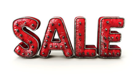 Red sale sign isolated on a white backdrop. Bold letters spelling SALE. Concept of retail promotion, discount offers, and marketing campaigns.の写真素材