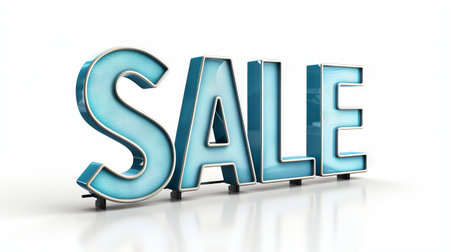 Word SALE in blue large, glossy letters with a metallic outline, marketing and promotion concept. Isolated on white backgroundの写真素材
