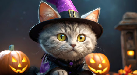 Cat in witch hat sitting by carved pumpkins. Halloween-themed pet portrait with festive backdrop. Concept of holiday pets, animal costumes, Halloween spirit, playful pet fashion. Digital illustrationの写真素材