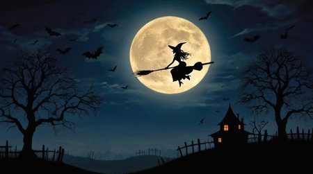 Witch silhouette on broom against full moon. Flying witch on broomstick in night sky with bats. Concept of Halloween night, spooky scenery, witchcraft symbol, and fantasy.の写真素材