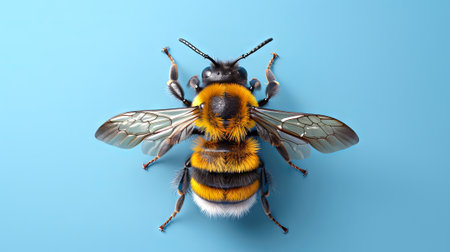 Bee digital illustration with golden wings. Detailed honeybee artwork on blue background. Bumblebee. Concept of nature, insect, wildlife art, entomology study, and natural beauty.の素材