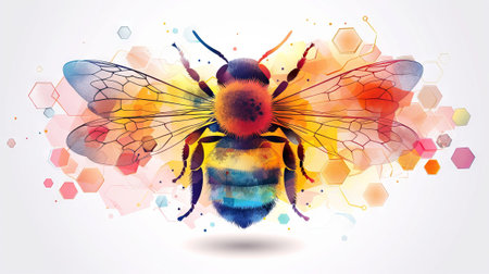 Abstract bee with a colorful geometric backdrop. Modern bumblebee illustration. Concept of abstract art, creativity in nature, and modern graphics. White background.の素材