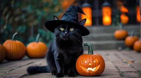 Black Cat sitting by a carved pumpkin. Festive feline with jack-o-lantern. Concept of Halloween, holiday season, funny pets, festive decorations, and spooky themesの写真素材