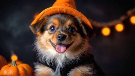 Puppy in a witch hat with Halloween pumpkins. Dog dressed for Halloween festivities. Concept of pet costumes, Halloween themes, animal celebrations, and festive attire.の素材