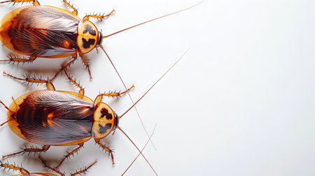 Cockroaches on white background. Top view of cockroaches. Pest insects. Concept of pest invasion, large-scale infestation, and pest management. Banner. Copy spaceの素材