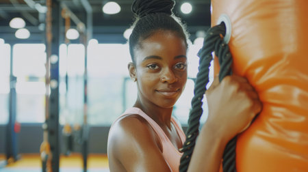 Smiling African American female boxer in boxing gym with punching bag. Athletic woman. Female fighter ready to train. Concept of strength, boxing training, women in sportの素材