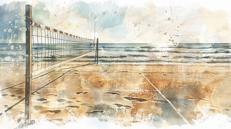 Watercolor illustration of Beach volleyball net on pristine sandy beach with clear turquoise sea. Volleyball court by the ocean. Concept of summer sports, beach activities, and tropical vacation.の素材