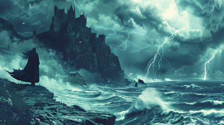 Lightning illuminates gothic castle by stormy seas with mysterious figure. Cliffside fortress and figure against tempest backdrop. Concept of suspense, gothic architecture, power of nature, mysticalの素材