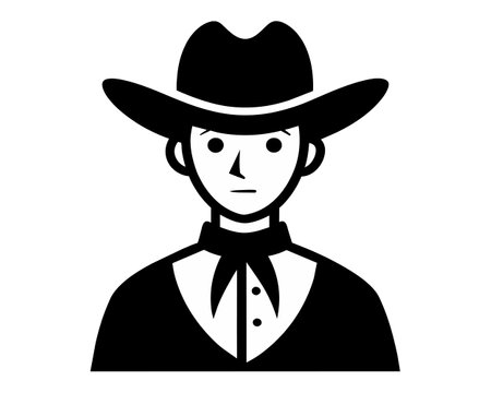 Young Cowboy portrait in black and white. Monochrome vector of a guy with a hat. Isolated on white backdrop. Concept of Western culture, masculine style, vintage Americana. Logo, sticker designのイラスト素材