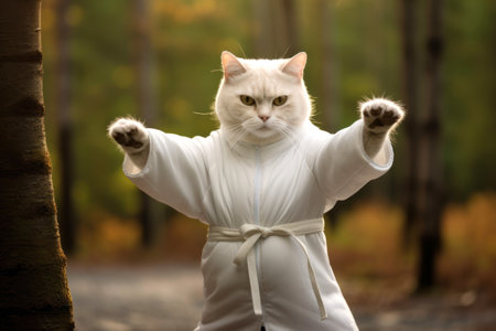 Karate Master Cat dressed in white practice uniform showcasing Karate skills in forest. White cat practicing Martial Arts. Call for harmony, balance, spirituality and self-development. Funny animalsの素材