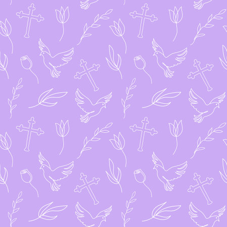 Seamless pattern with Christian symbols. Continuous one line drawing of crosses, doves, floral elements on purple background. Concept of Easter, religious, peace. Wrapping paper, textile, printのイラスト素材
