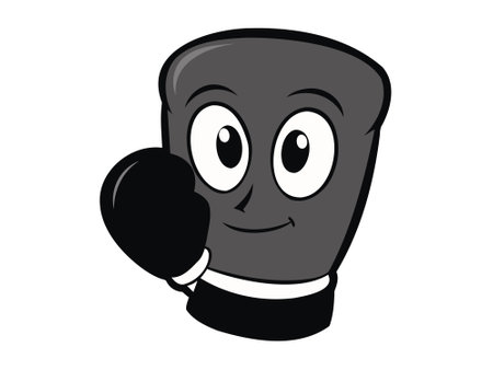 Funny boxing glove with a friendly face. Cartoon of a smiling boxing glove character. Concept of fun sports mascot, boxing for kids, playful sporting equipment. Isolated om white backgroundのイラスト素材