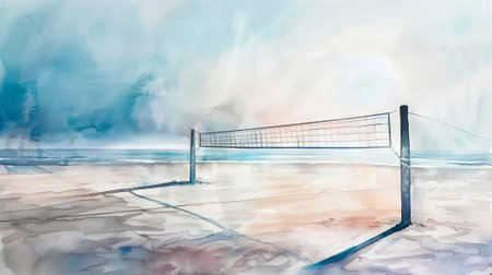 Watercolor illustration of Volleyball court on white sandy beach with turquoise waters and blue sky. Beach sports setup. Concept of outdoor activities, tropical leisure sports, ocean-side recreationの素材