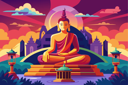 Buddha meditating on lotus position. Symbol of Buddhism. Concept of enlightenment, meditation, Zen, religion, spiritual awakening, inner peace, tranquility. Graphic artworkのイラスト素材