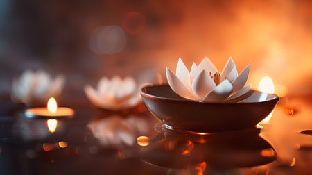 Serene lotus flowers accompanied by candlelight on water. Calm water lilies with glowing candles afloat. Concept of relaxation, zen, peaceful setting, spa ambiance, meditationの素材