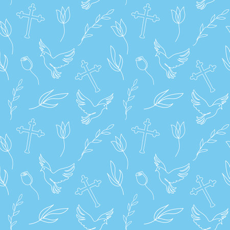 Seamless pattern with Christian symbols. Continuous one line drawing of crosses, doves, floral elements on blue background. Concept of Easter, religious, peace. Wrapping paper, textile, printのイラスト素材