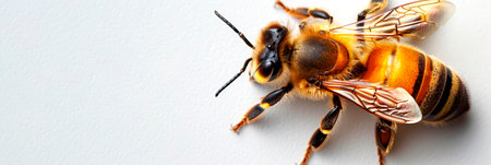 Bee macro isolated on a white backdrop. Detailed bee. Concept of close up insect, entomology studies, and nature's intricacy. Banner. Copy spaceの素材