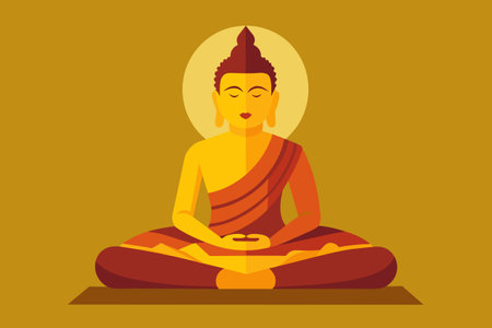 Buddha meditating on lotus position. Symbol of Buddhism. Concept of enlightenment, meditation, Zen, religion, spiritual awakening, inner peace, tranquility. Yellow background. Graphic artのイラスト素材